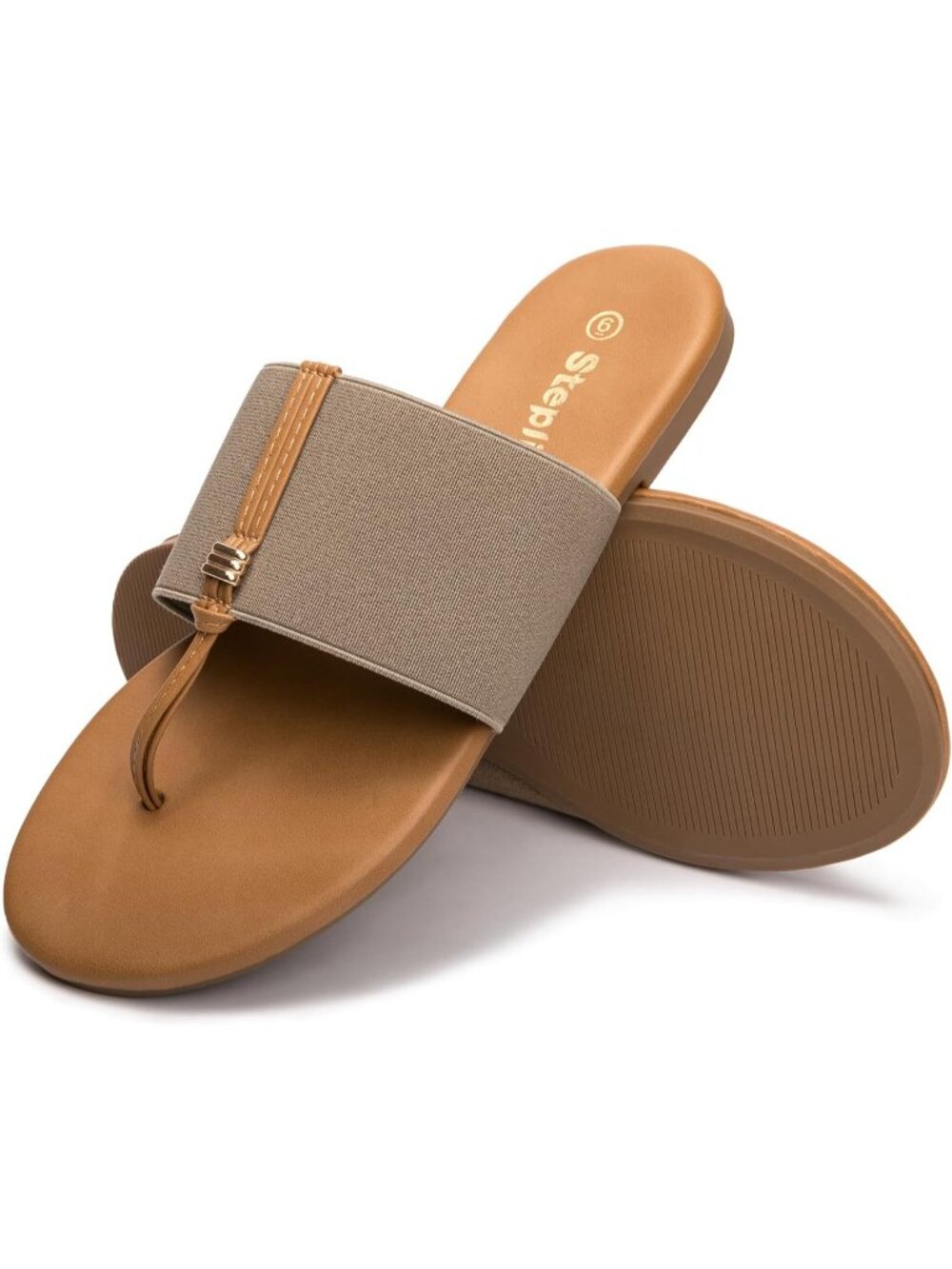 Women's Brown Summer Comfortable Elastic T-Strap Stretchy Slide Flats Sandals - Picture 3 of 5